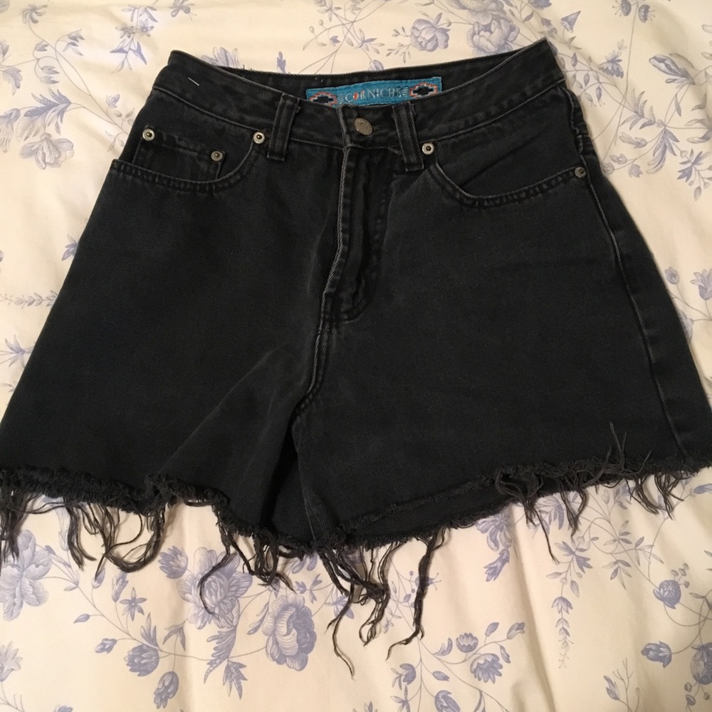 High-Waisted & Distressed Black Denim Shorts
